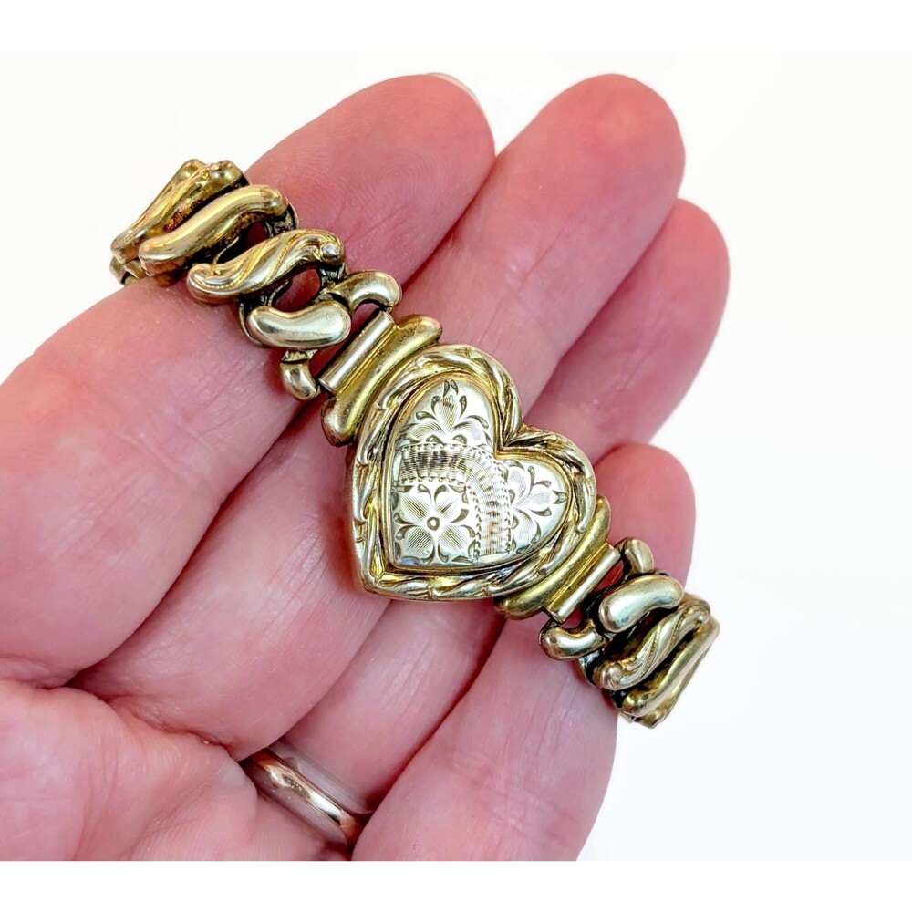 Vintage Gold Filled Sweetheart Expansion Bracelet, Etched Heart, Engraved